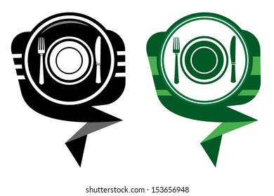 Dish, fork and knife. Black and green pointer