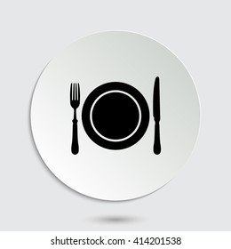 Dish; fork and knife - black vector icon  with shadow