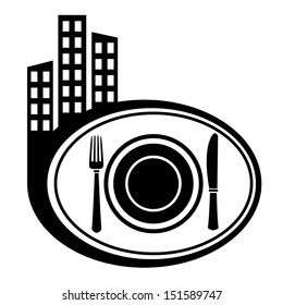 Dish, fork and knife. City icon