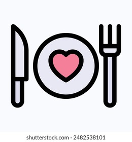 Dish Fork And Knife, Dinner, Cutlery, Isolated Lineal Color Vector Icon.