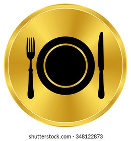 Dish; fork and knife - gold vector icon