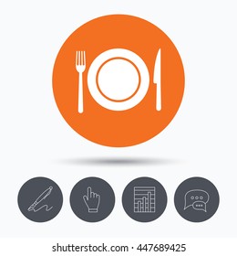 Dish, fork and knife icons. Cutlery symbol. Speech bubbles. Pen, hand click and chart. Orange circle button with icon. Vector