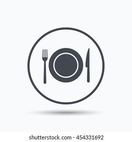 Dish, fork and knife icons. Cutlery symbol. Circle button with flat web icon on white background. Vector
