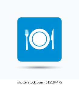 Dish, fork and knife icons. Cutlery symbol. Blue square button with flat web icon. Vector