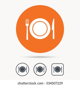 Dish, fork and knife icons. Cutlery symbol. Orange circle button with web icon. Star and square design. Vector