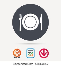 Dish, fork and knife icons. Cutlery symbol. Report document, award medal with tick and new tag signs. Colored flat web icons. Vector