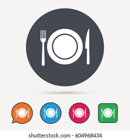 Dish, fork and knife icons. Cutlery symbol. Circle, speech bubble and star buttons. Flat web icons. Vector