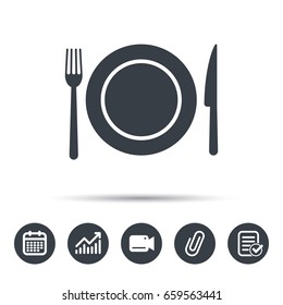 Dish, fork and knife icons. Cutlery symbol. Calendar, chart and checklist signs. Video camera and attach clip web icons. Vector