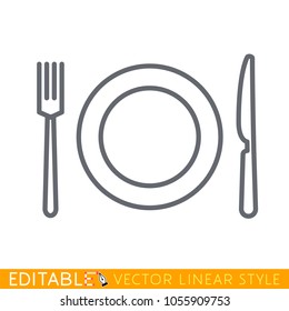 Dish, fork, knife line icon, outline vector sign, linear style pictogram isolated on white. Food symbol, logo illustration. Editable stroke. Pixel perfect vector graphics