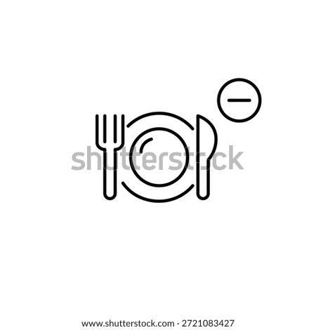 Dish, fork and knife with minus symbol. Meal removed, order cancelled. Pixel perfect, editable stroke vector icon