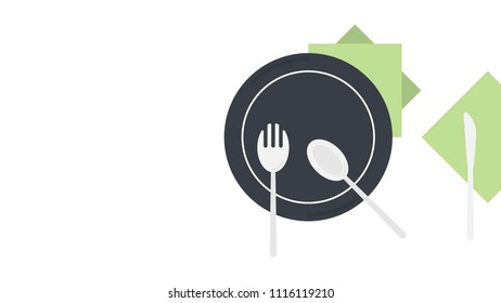 Dish fork and knife on top view, minimal style with copy space.