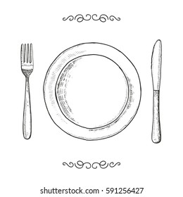 Dish fork and knife sketch. utensils vector vintage illustration