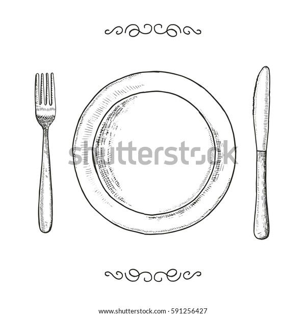 皿のフォークとナイフのスケッチ 道具のベクター画像ビンテージイラスト のベクター画像素材 ロイヤリティフリー