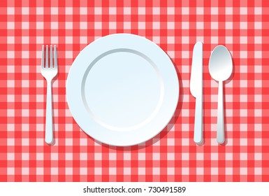 Dish fork knife and spoon on red square tablecloth, Dining concept idea, Vector illustration