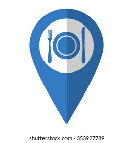 Dish fork and knife - vector icon; blue map  pointer