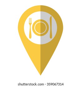 Dish fork and knife - vector icon;  yellow map pointer