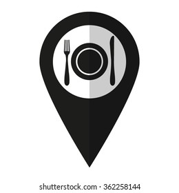 Dish fork and knife - vector icon;  black map pointer