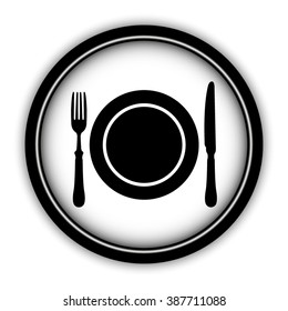 Dish; fork and knife - vector icon; round  button with shadow