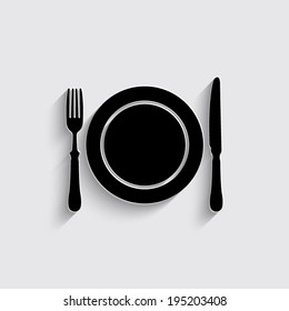 Dish, fork and knife - vector with shadow on a grey background