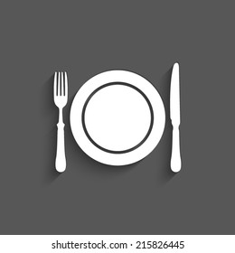 Dish, fork and knife - vector with shadow on a grey background