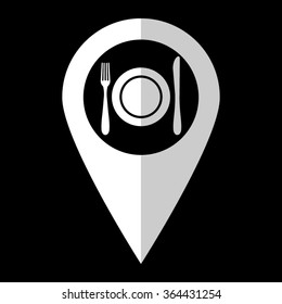 Dish fork and knife - white vector icon;  map pointer