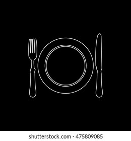 Dish; fork and knife -  white vector icon