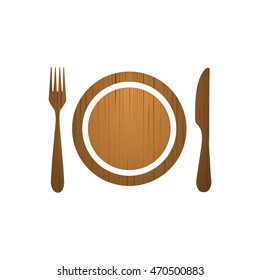 Dish fork and knife with wood isolated on white background