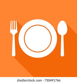 Dish fork and spoon, Icon flat design with long shadow on orange background, Eating concept idea, Vector illustration