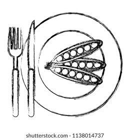 dish with fresh beans and cutleries