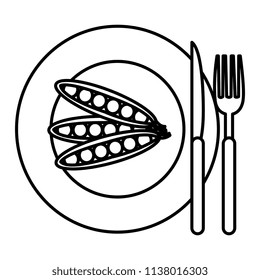 dish with fresh beans and cutleries