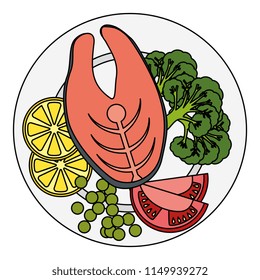 dish with fresh salmon steak and vegetables