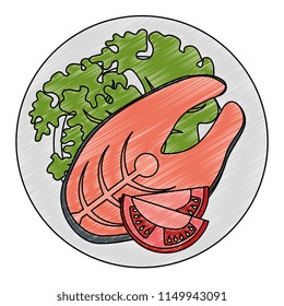 dish with fresh salmon steak and vegetables