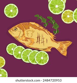 a dish of fried fish with several lime slices and vegetables on a deep purple background