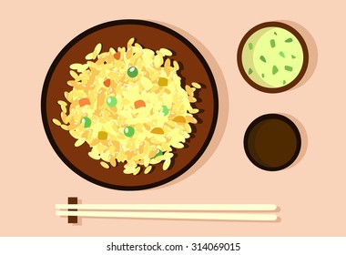 Dish of fried rice with soup, sauce and chopsticks. vector illustration