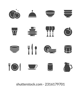 Dish glyph icon set. Vector collection of household utensils with plate, bowl, cup, glass, wineglass, fork, spoon, knife. 