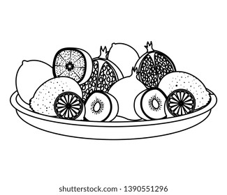 dish with group of tropical and fresh fruits