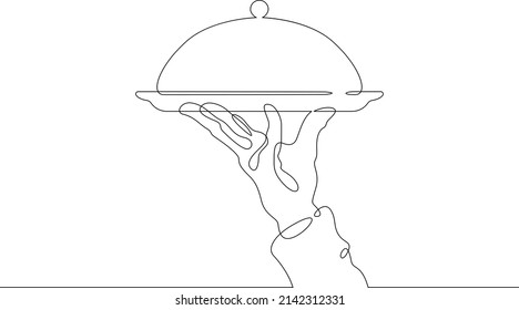 The dish has lid  Covered food tray One continuous line drawing The waiter carries food tray  Food in restaurant  A hand holds tray  Line Art isolated white background 