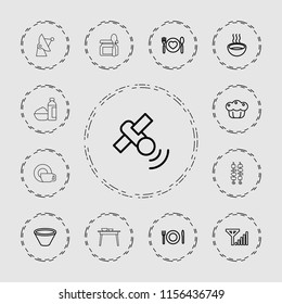 Dish icon. collection of 13 dish outline icons such as soup, plate with spoon and fork, pie, bowl, satellite, mobile signal, baby food. editable dish icons for web and mobile.