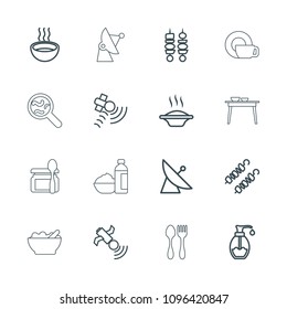 Dish icon. collection of 16 dish outline icons such as satellite, soup, soap, kebab, baby food, bowl, table with plates and pan. editable dish icons for web and mobile.