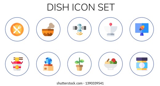 dish icon set. 10 flat dish icons.  Simple modern icons about  - restaurant, noodles, bowl, satellite, pot, satellite dish, salad, news report, baby food