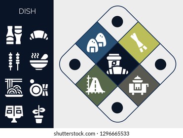  dish icon set. 13 filled dish icons. Simple modern icons about  - Croissant, Recipe book, Pot, Spaghetti, Plate, Skewers, Soup, Sauces, Chopsticks, Onigiri, Parabola, Room service