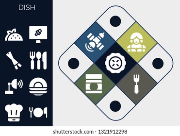 dish icon set. 13 filled dish icons.  Collection Of - Pie, Chef, Cutlery, Satellite dish, Chopsticks, Taco, News report, Waitress, Satellite, Baby food, Fork