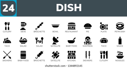 dish icon set. 24 filled dish icons.  Collection Of - Cutlery, Sieve, Brochette, Bowl, Restaurant, Pie, Plate, Petri dish, Taco, Salad, Satellite, Baby food, Waitress, Sauce, Skewers