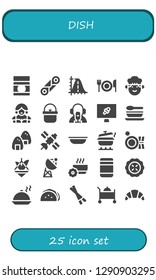  dish icon set. 25 filled dish icons. Simple modern icons about  - Baby food, Cannoli, Parabola, Fork, Chef, Waitress, Pot, News reporter, News report, Soup, Onigiri, Satellite