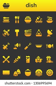 dish icon set. 26 filled dish icons.  Simple modern icons about  - Soup, Salad, Cutlery, Satellite dish, Noodles, Satellite, Mallet, Noodle, Pot, Fork, Bowl, Drumsticks, Skewer