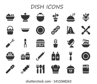 dish icon set. 30 filled dish icons.  Collection Of - Salad, Satellite dish, Pot, Salver, Bowl, Cannoli, Parabola, Drumsticks, Fork, Restaurant, Satellite, Noodles, Pots