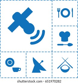 Dish icon. set of 6 dish filled icons such as satellite, dish, plate fork and spoon, chef hat and spoon