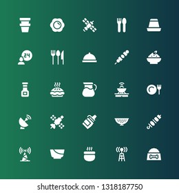 dish icon set. Collection of 25 filled dish icons included Dog food, Radio antenna, Pot, Salad, Antenna, Brochette, Colander, Sauce, Satellite, Satellite dish, Dinner, Pie, Porridge