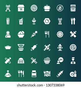 dish icon set. Collection of 36 filled dish icons included Washing dishes, Skewer, Dinner, Mayonnaise, Cutlery, Porridge, News reporter, Room service, Bowl, Satellite, Dog food