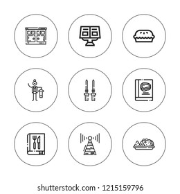 Dish icon set. collection of 9 outline dish icons with antenna, butler, cookbook, kitchen, pie, recipe book, recipe, skewer icons. editable icons.